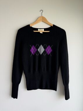 Peck & Peck 100% Cashmere Black Argyle Sweater Large